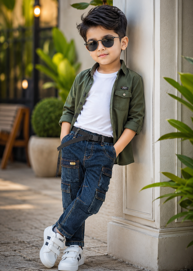 BOYS JEANS CODE-B56 Boys Premium Cargo Denim Jeans with Adjustable Belt | Stylish Casual Kids Jeans | He and She