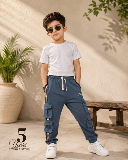 BOYS TRACK CODE-B57 Boys Blue Cargo Track Pants with Multi-Pocket Design | Premium Cotton Track Bottoms for Kids