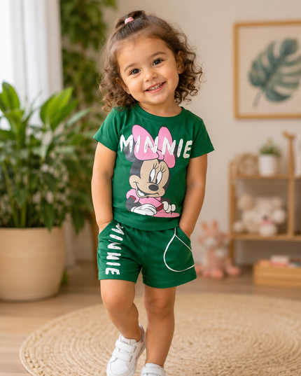 GIRLS CORDSET CODE-A66 He & She Girls Minnie Mouse Green Cotton Co-Ord Set | Kids Summer T-Shirt & Shorts Set