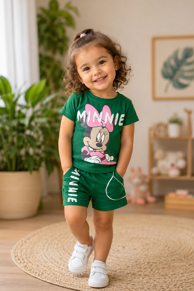 GIRLS CORDSET CODE-A66 He & She Girls Minnie Mouse Green Cotton Co-Ord Set | Kids Summer T-Shirt & Shorts Set