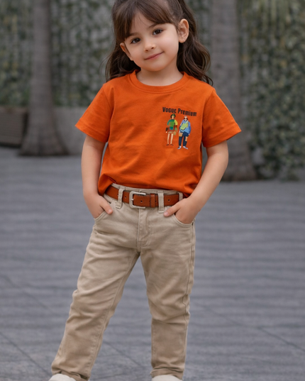 Girls Orange Graphic Cotton T-Shirt – Premium Kids Casual Wear | He & She