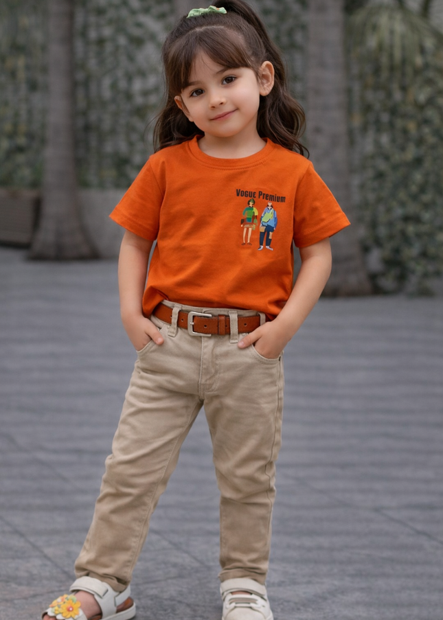 Girls Orange Graphic Cotton T-Shirt – Premium Kids Casual Wear | He & She
