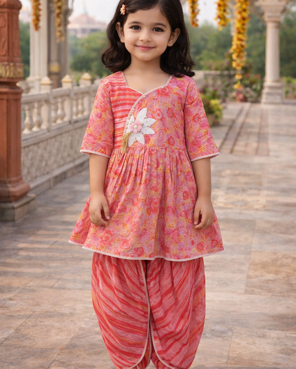 Girls Pink Floral Kurta with Dhoti Pants Set | Festive Ethnic Wear | He and She