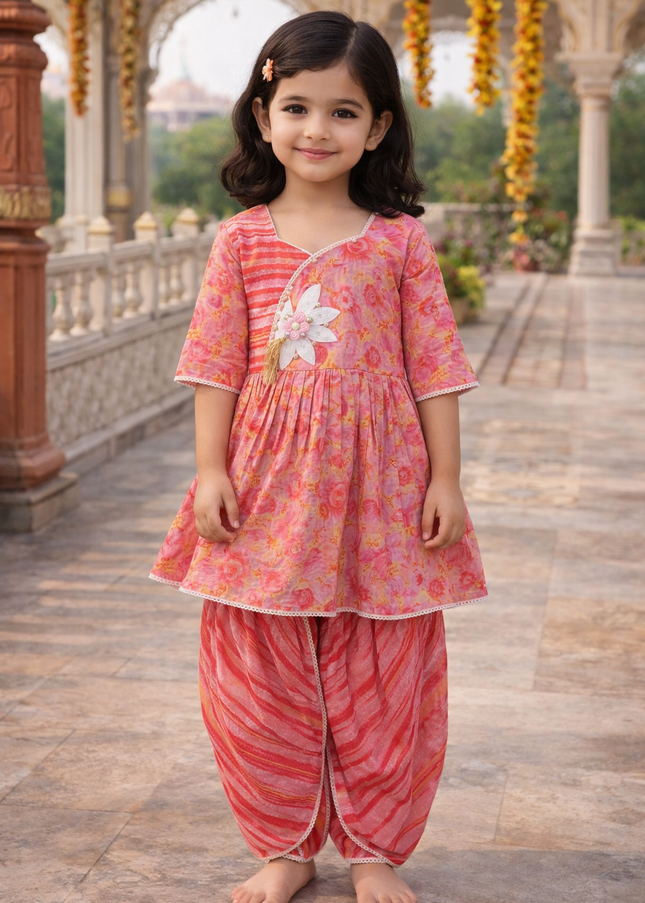 Girls Pink Floral Kurta with Dhoti Pants Set | Festive Ethnic Wear | He and She