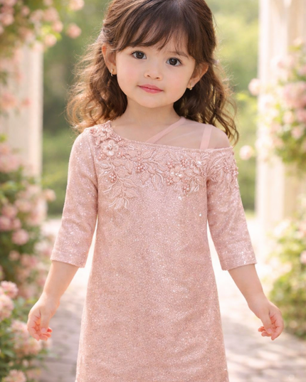 Girls Peach Sequin One-Shoulder Party Dress with Floral Embroidery | He and She