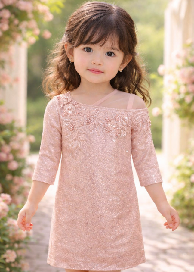 Girls Peach Sequin One-Shoulder Party Dress with Floral Embroidery | He and She