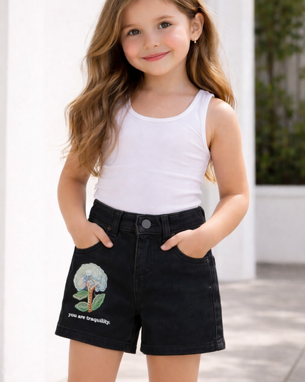 Girls Blue Printed Denim Shorts with Tree Design | He & She Kidswear