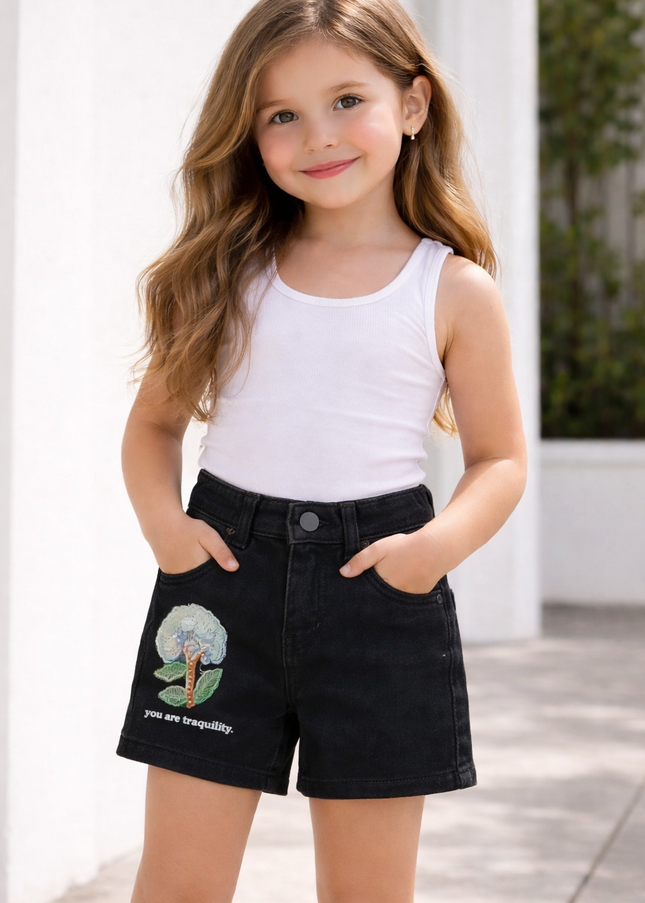 Girls Blue Printed Denim Shorts with Tree Design | He & She Kidswear