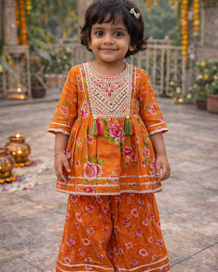 He and She Girls Orange Floral Kurta & Sharara Set | Festive Ethnic Wear for Kids