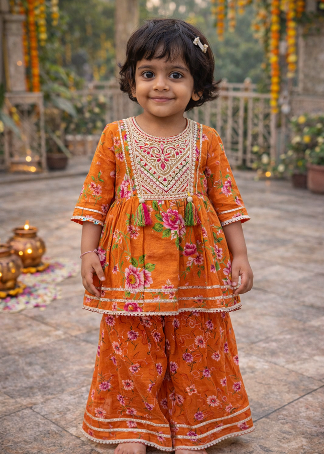 He and She Girls Orange Floral Kurta & Sharara Set | Festive Ethnic Wear for Kids