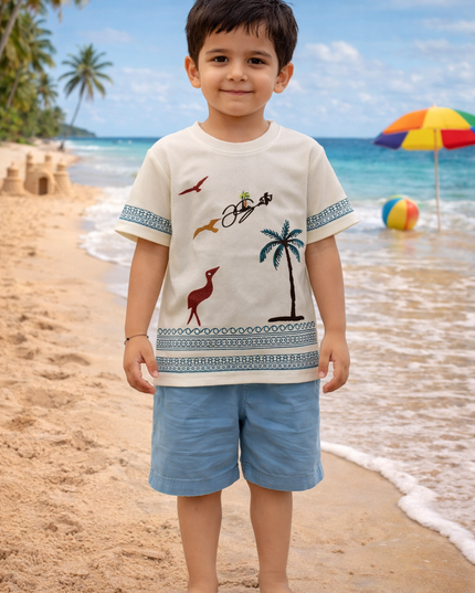 He and She Boys Beach Print Cotton T-Shirt | Summer Casual Wear for Kids