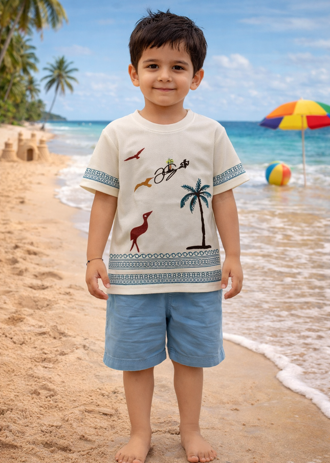 He and She Boys Beach Print Cotton T-Shirt | Summer Casual Wear for Kids