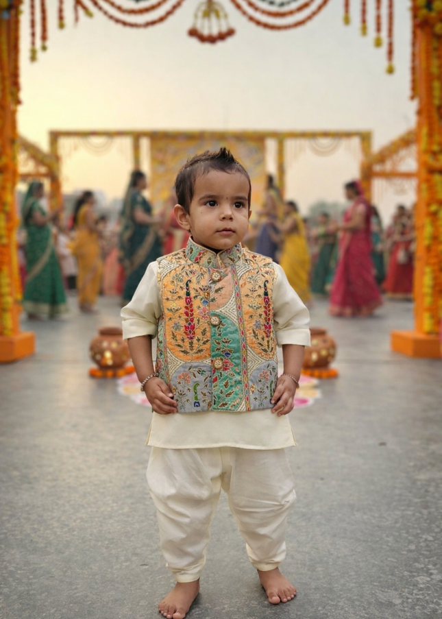 He and She Boys Embroidered Koti Kurta Pajama Set | Festive Ethnic Wear for Kids