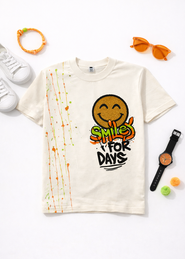 Boys Cream Smile Print T-Shirt – Fun Graphic Cotton Tee for Kids | He & She
