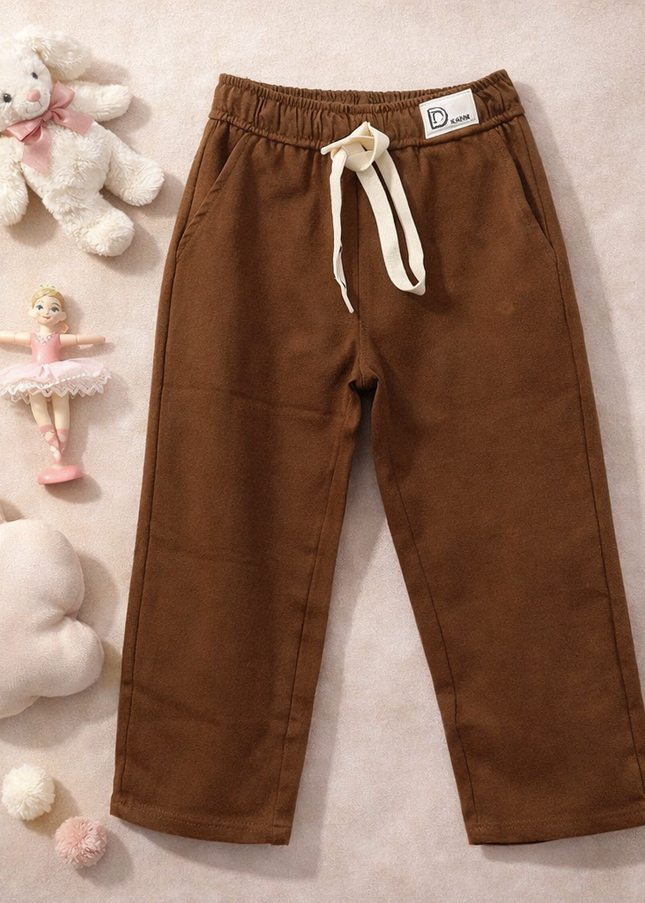 He & She Kids Girls Brown Cotton Track Pants with Drawstring – Comfortable Elastic Waist Bottom Wear