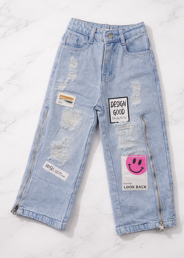 Girls Light Blue Distressed Patch Denim Jeans – Stylish Kids Streetwear | He & She
