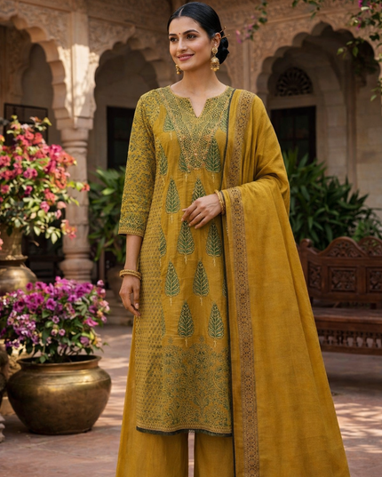 Mustard Printed Kurti Palazzo Set with Dupatta for Women | Ethnic Wear by He & She