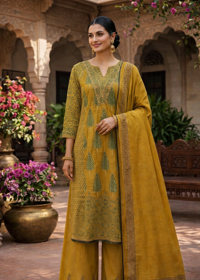 Mustard Printed Kurti Palazzo Set with Dupatta for Women | Ethnic Wear by He & She