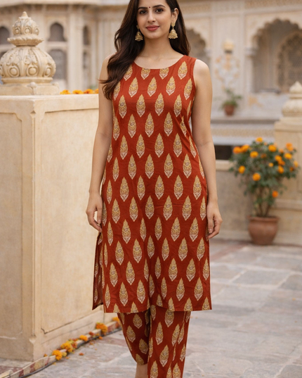 Rust Printed Sleeveless Kurti Pant Set for Women | Stylish Ethnic Wear by He & She