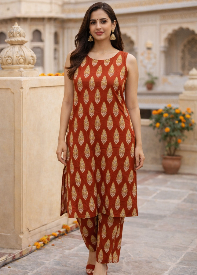 Rust Printed Sleeveless Kurti Pant Set for Women | Stylish Ethnic Wear by He & She