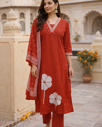 Red Kurti Pant Set with Dupatta for Women | Festive Ethnic Wear by He & She