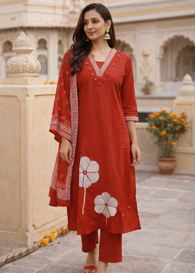 Red Kurti Pant Set with Dupatta for Women | Festive Ethnic Wear by He & She