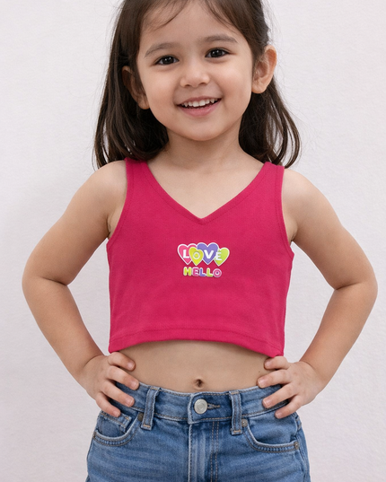 Girls Pink Sleeveless Crop Top | Cute Ribbed Casual Summer Top | He & She