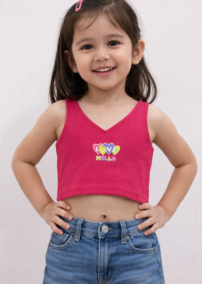 Girls Pink Sleeveless Crop Top | Cute Ribbed Casual Summer Top | He & She
