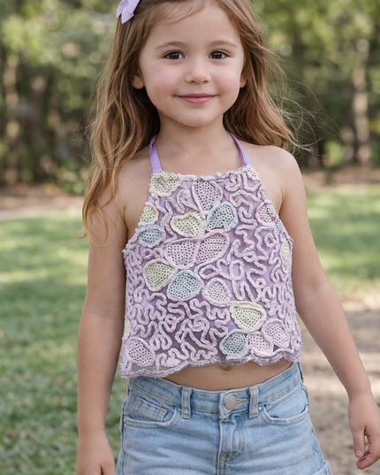 Girls Lavender Embroidered Crop Top | Party Wear Sequin Designer Top | He & She