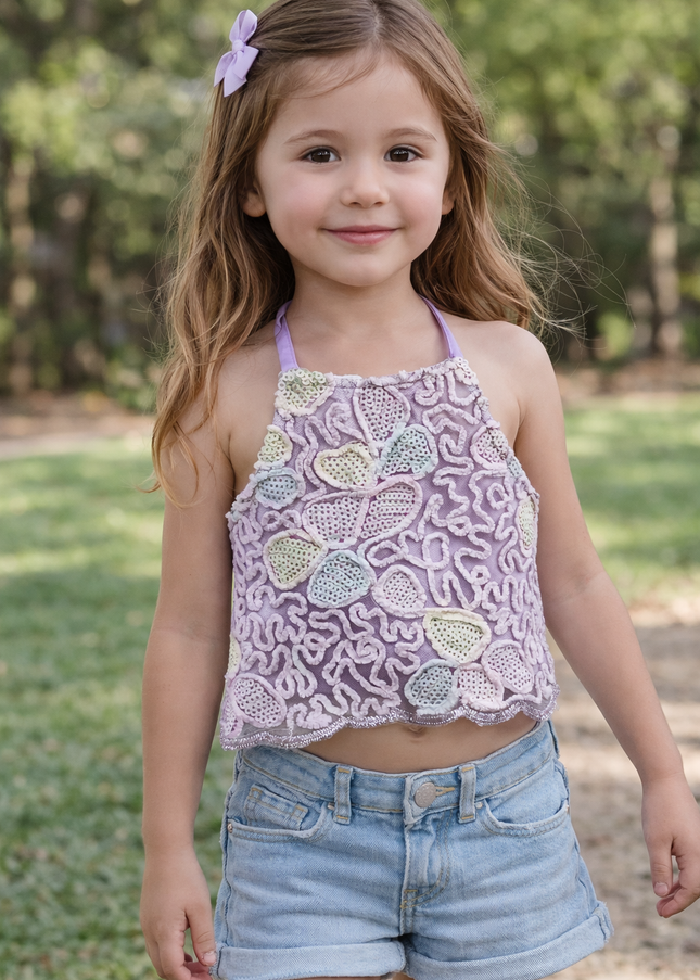 Girls Lavender Embroidered Crop Top | Party Wear Sequin Designer Top | He & She