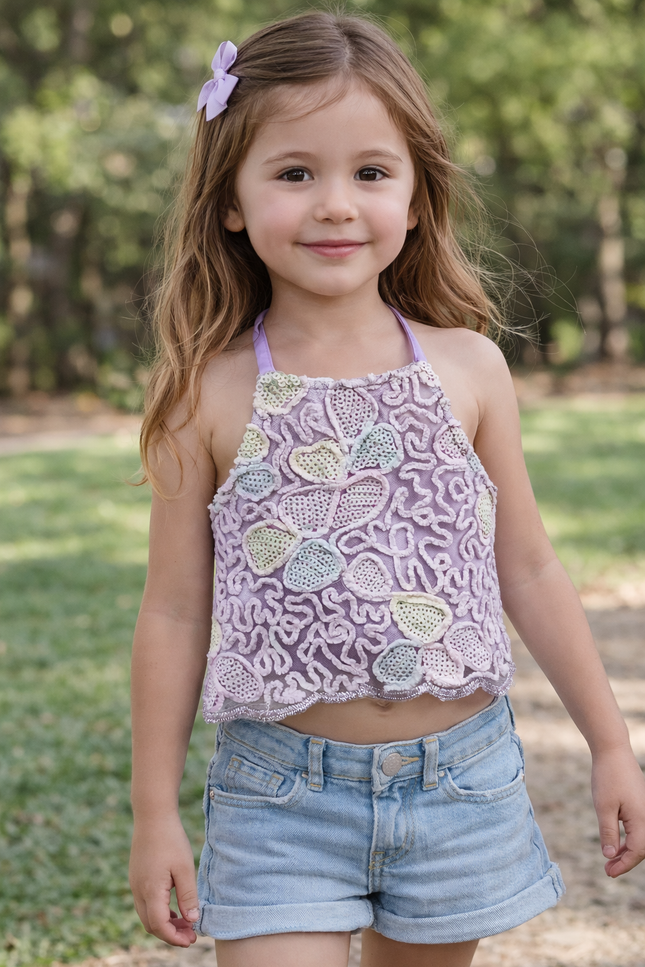 Girls Lavender Embroidered Crop Top | Party Wear Sequin Designer Top | He & She