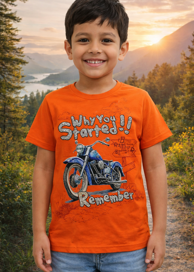 Boys Orange Bike Print T-Shirt | Casual Kids Graphic Cotton Tee | He & She
