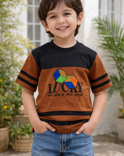 Boys Brown Graphic T-Shirt | Lucky Dice Print Casual Half Sleeve Tee | He & She
