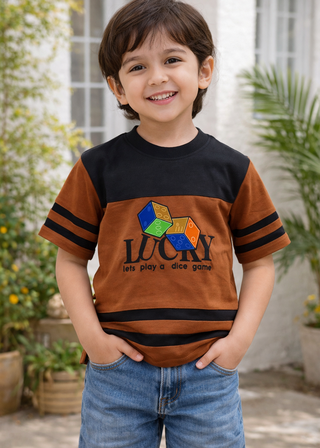 Boys Brown Graphic T-Shirt | Lucky Dice Print Casual Half Sleeve Tee | He & She