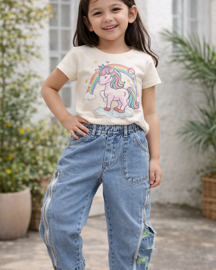 Girls Denim Jogger Jeans with Zipper Detail | Kids Light Blue Stylish Jeans | He & She