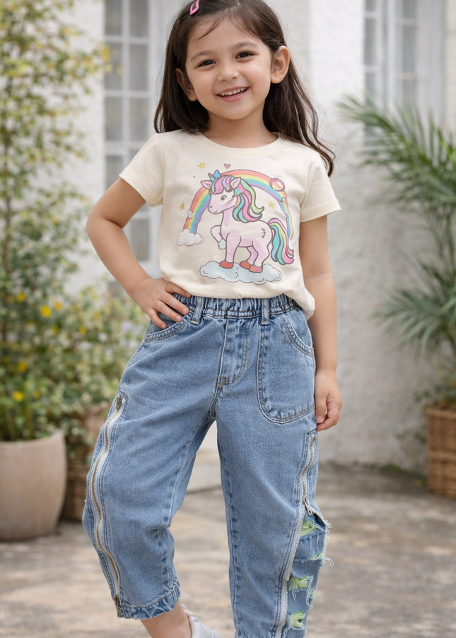 Girls Denim Jogger Jeans with Zipper Detail | Kids Light Blue Stylish Jeans | He & She