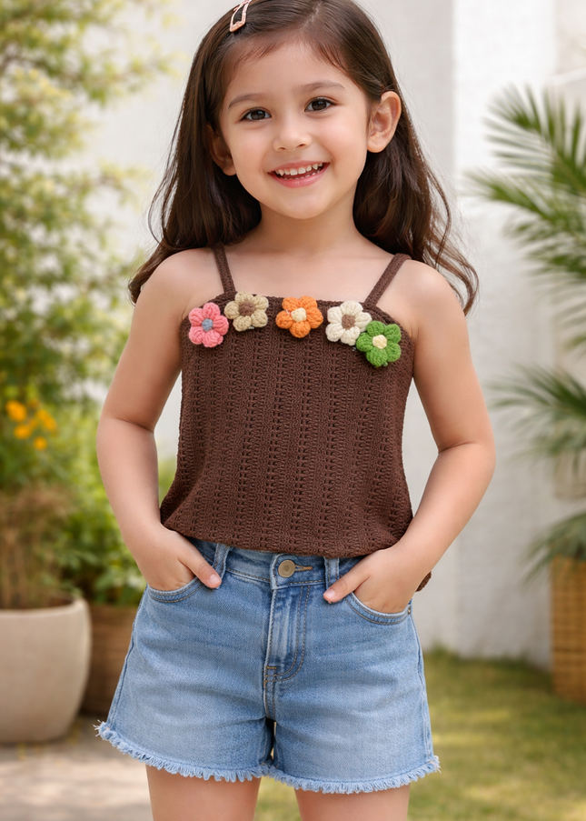 Girls Brown Crochet Floral Sleeveless Top | Cute Knit Strap Top for Kids | He & She