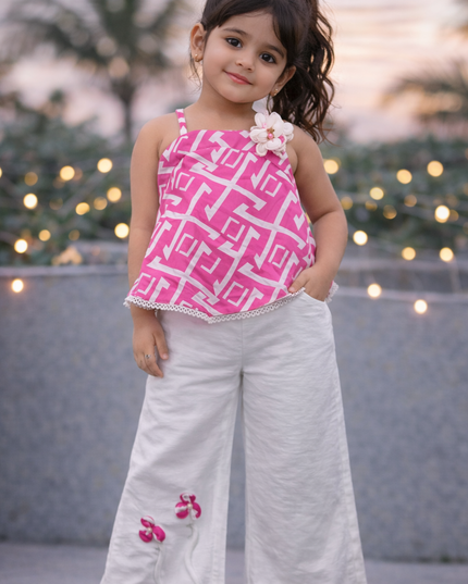 Girls Pink Printed Top with White Palazzo Set | Stylish Kids Co-Ord Outfit | He & She