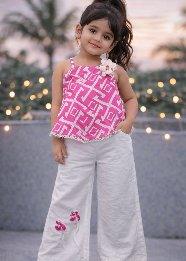 Girls Pink Printed Top with White Palazzo Set | Stylish Kids Co-Ord Outfit | He & She