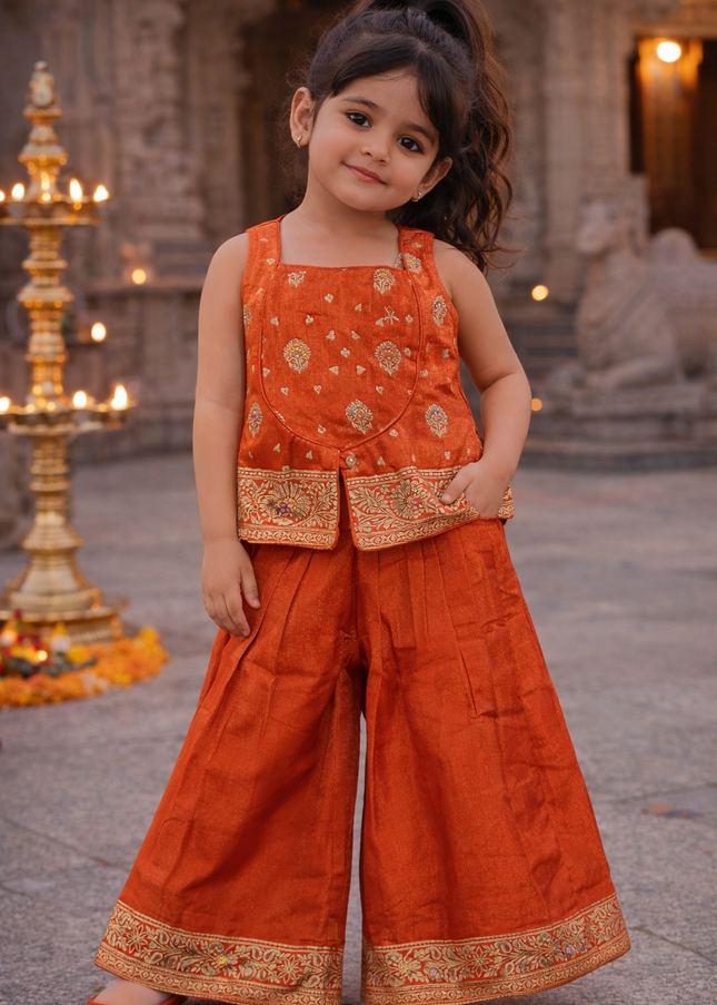 Girls Orange Ethnic Top with Palazzo Set | Festive Wear Kids Co-Ord Outfit | He & She