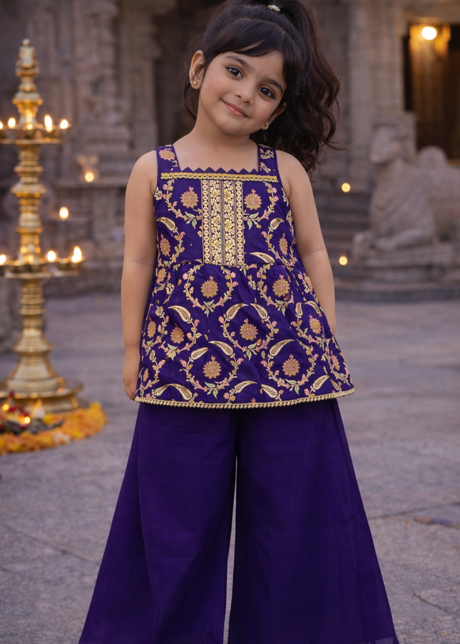 Girls Purple Ethnic Top with Palazzo Set | Festive Wear Kids Co-Ord Outfit | He & She