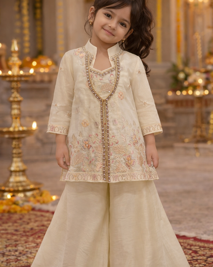 Girls Cream Ethnic Jacket Style Top with Palazzo Set | Festive Wear Kids Outfit | He & She