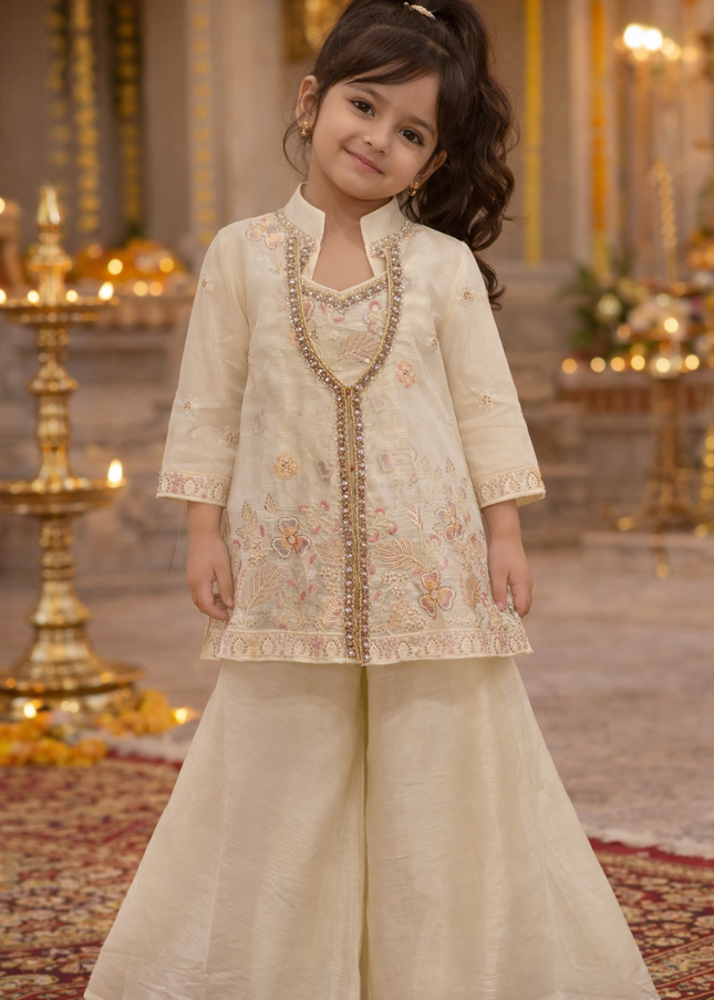 Girls Cream Ethnic Jacket Style Top with Palazzo Set | Festive Wear Kids Outfit | He & She