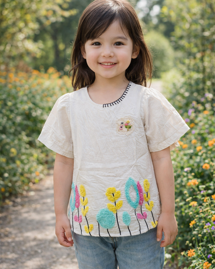 He & She Girls Floral Embroidered Cotton Top – Soft Casual Kidswear
