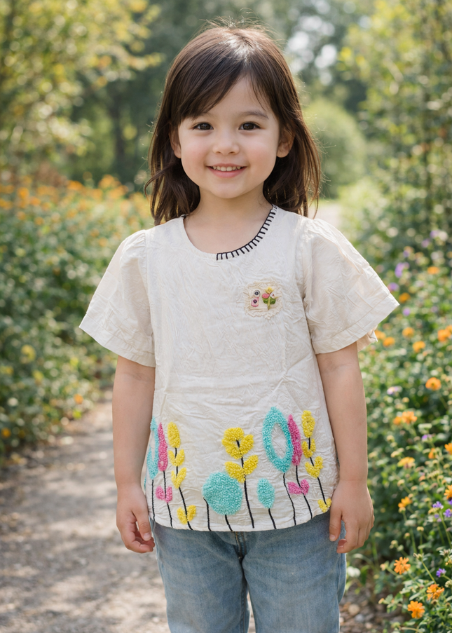 He & She Girls Floral Embroidered Cotton Top – Soft Casual Kidswear