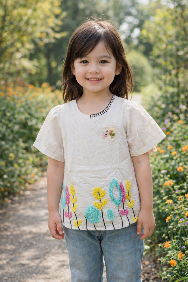 He & She Girls Floral Embroidered Cotton Top – Soft Casual Kidswear