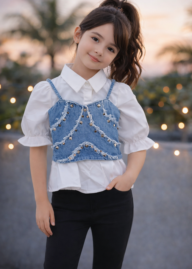 He & She Girls White Shirt with Denim Studded Crop Top | Stylish Layered Kids Outfit