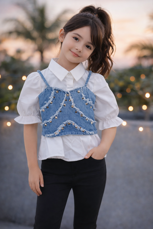He & She Girls White Shirt with Denim Studded Crop Top | Stylish Layered Kids Outfit