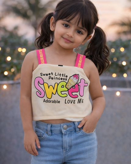 Girls Printed Crop Top with Shoulder Straps | Cute Sleeveless Kids Top | He & She