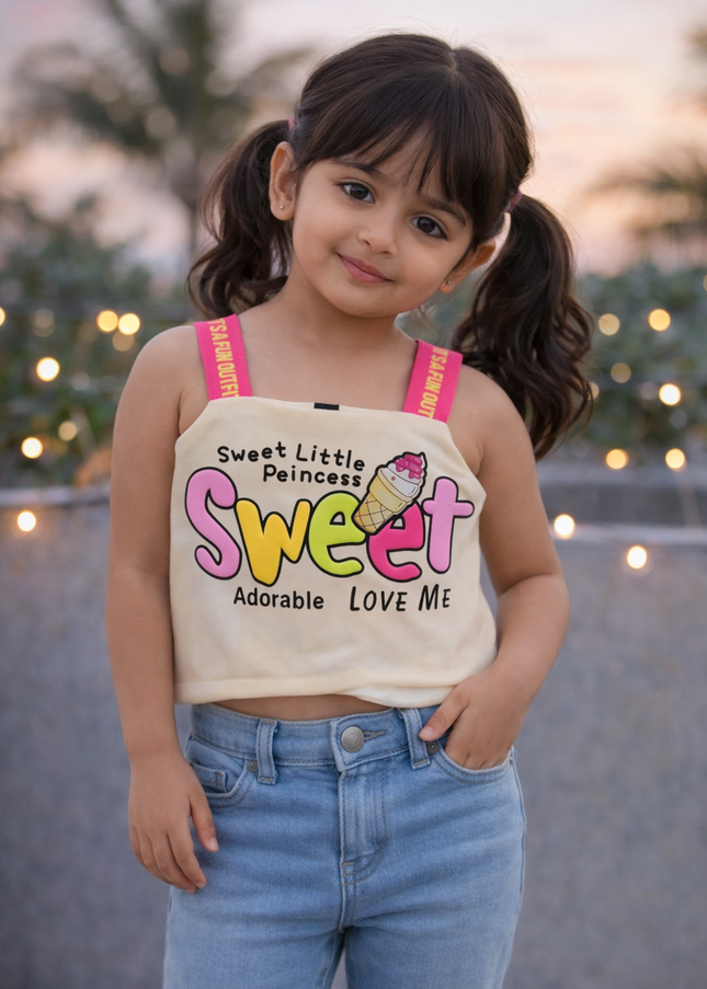 Girls Printed Crop Top with Shoulder Straps | Cute Sleeveless Kids Top | He & She